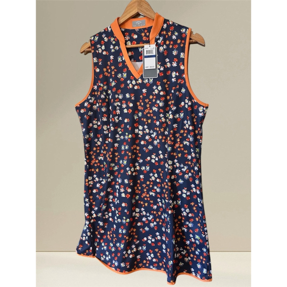 Callaway Navy Opti Dri Mini Floral Sleeveless Golf Tennis V Neck Dress X Large - Picture 1 of 5